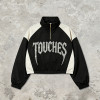 Patchwork Rhinestone Stand Collar Crop Jacket | Half Zip Gothic Letter Color Block Sonic-Wear Jacket | Custom Streetwear