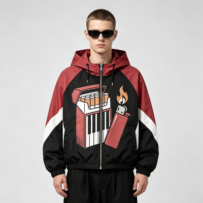Patchwork Rubber Screen Print Hooded Jacket | Piano Lighter Cigarette Sonic Graphic Jacket | Streetwear Manufacturer