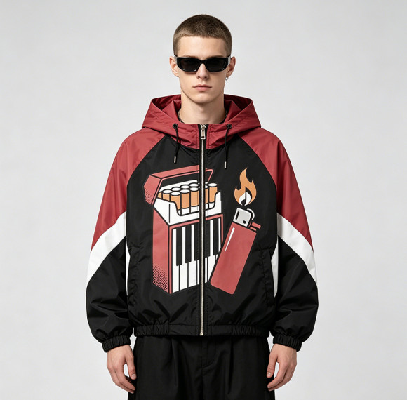 Patchwork Rubber Screen Print Hooded Jacket | Piano Lighter Cigarette Sonic Graphic Jacket | Streetwear Manufacturer
