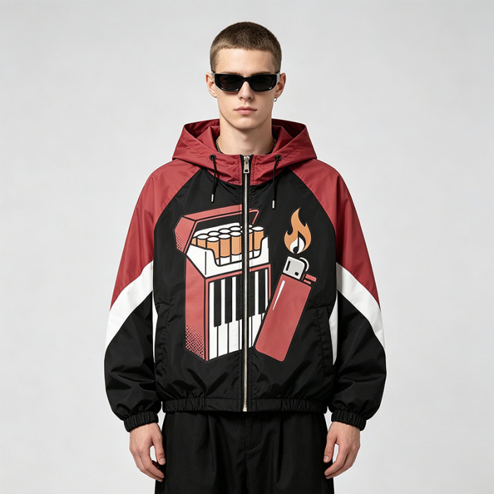 Patchwork Rubber Screen Print Hooded Jacket | Piano Lighter Cigarette Sonic Graphic Jacket | Streetwear Manufacturer