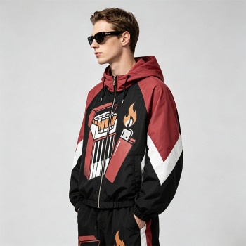 Patchwork Rubber Screen Print Hooded Jacket | Piano Lighter Cigarette Sonic Graphic Jacket | Streetwear Manufacturer