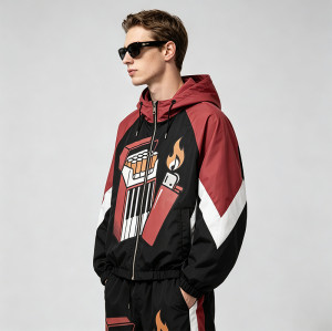 Patchwork Rubber Screen Print Hooded Jacket | Piano Lighter Cigarette Sonic Graphic Jacket | Streetwear Manufacturer