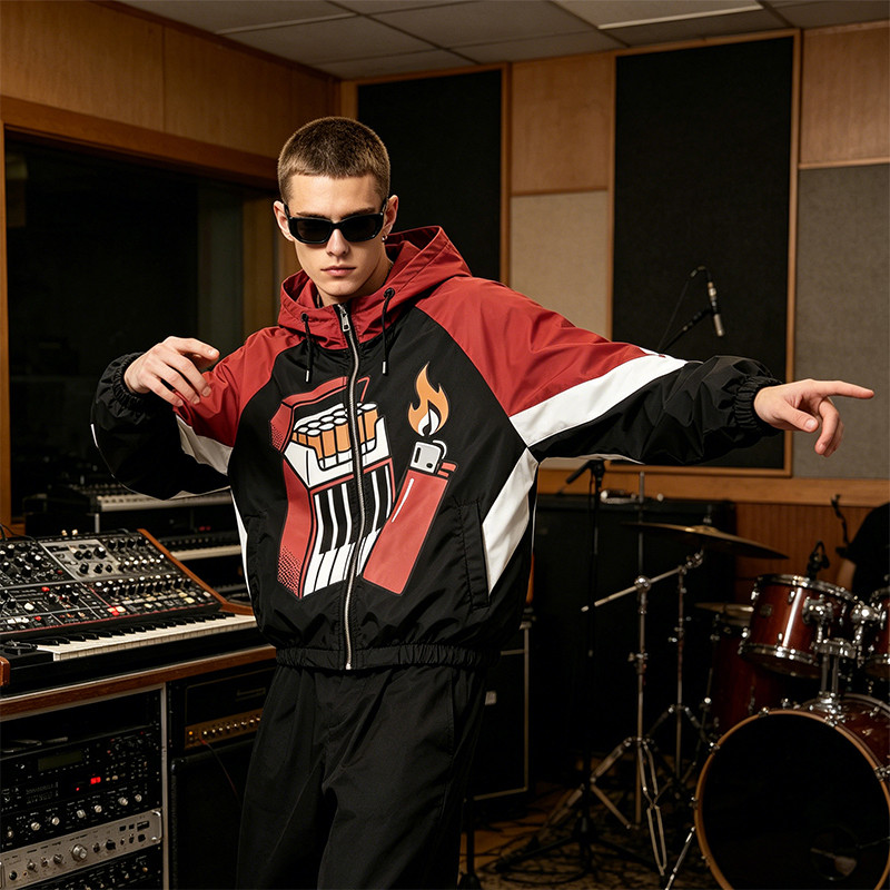 Patchwork Rubber Screen Print Hooded Jacket
