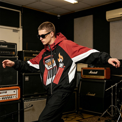 Patchwork Rubber Screen Print Hooded Jacket | Piano Lighter Cigarette Sonic Graphic Jacket | Streetwear Manufacturer