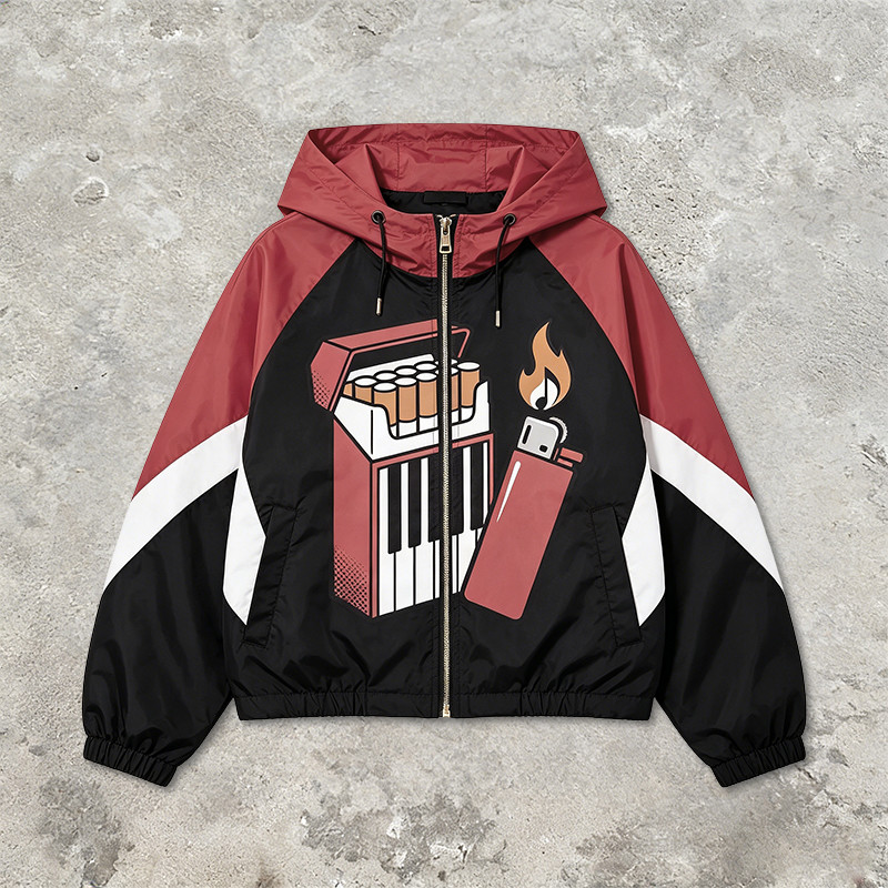Patchwork Rubber Screen Print Hooded Jacket