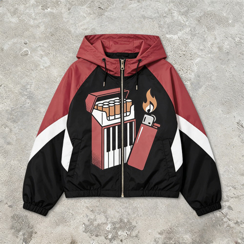 Patchwork Rubber Screen Print Hooded Jacket | Piano Lighter Cigarette Sonic Graphic Jacket | Streetwear Manufacturer