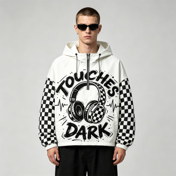 Screen Print Checkerboard Patchwork Hooded Jacket | Sonic-Wear Half Zip Jacket | OEM Streetwear