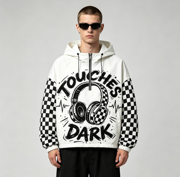 Screen Print Checkerboard Patchwork Hooded Jacket | Sonic-Wear Half Zip Jacket | OEM Streetwear