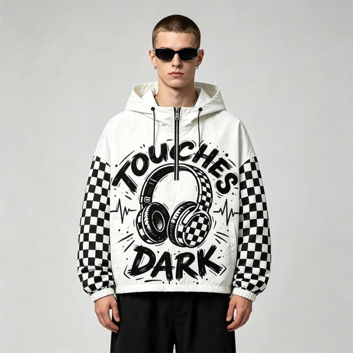 Screen Print Checkerboard Patchwork Hooded Jacket | Sonic-Wear Half Zip Jacket | OEM Streetwear