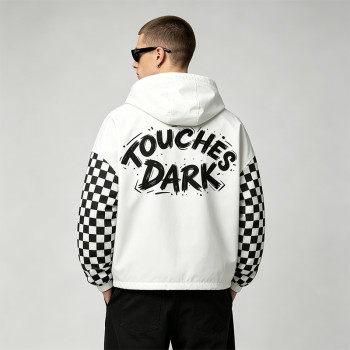 Screen Print Checkerboard Patchwork Hooded Jacket | Sonic-Wear Half Zip Jacket | OEM Streetwear