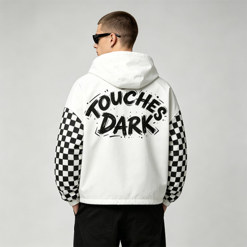 Screen Print Checkerboard Patchwork Hooded Jacket | Sonic-Wear Half Zip Jacket | OEM Streetwear