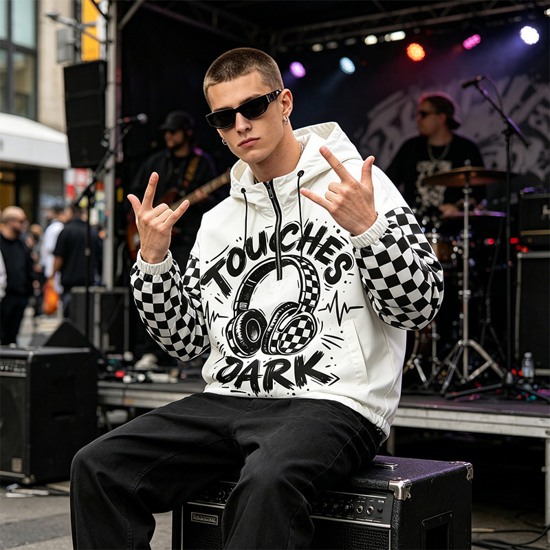 Screen Print Checkerboard Patchwork Hooded Jacket