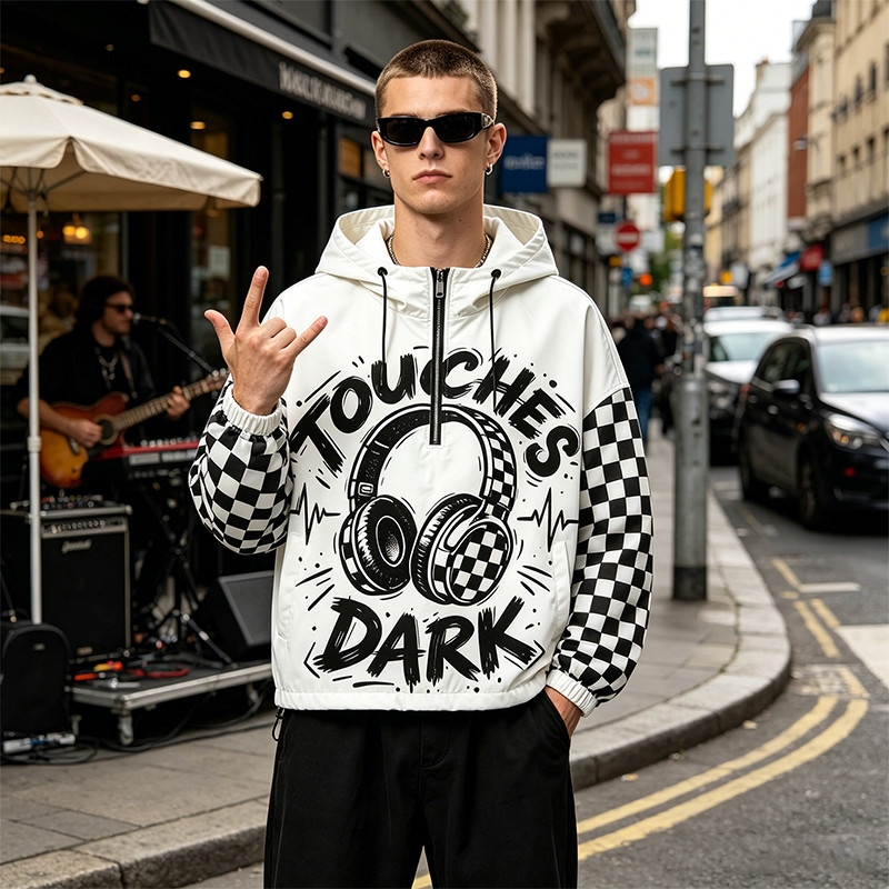 Screen Print Checkerboard Patchwork Hooded Jacket