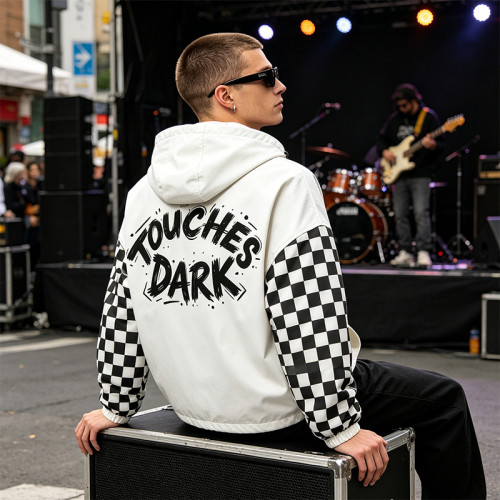 Screen Print Checkerboard Patchwork Hooded Jacket | Sonic-Wear Half Zip Jacket | OEM Streetwear