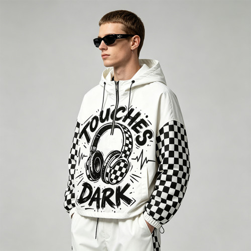 Screen Print Checkerboard Patchwork Hooded Jacket | Sonic-Wear Half Zip Jacket | OEM Streetwear