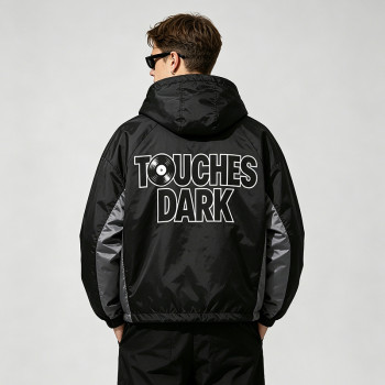 Patchwork Applique Vinyl Boombox Letter Graphic Hooded Jacket | Two-Tone Raglan Street Outerwear | Clothing Manufacturer