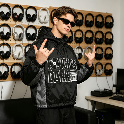 Patchwork Applique Vinyl Boombox Letter Graphic Hooded Jacket | Two-Tone Raglan Street Outerwear | Clothing Manufacturer