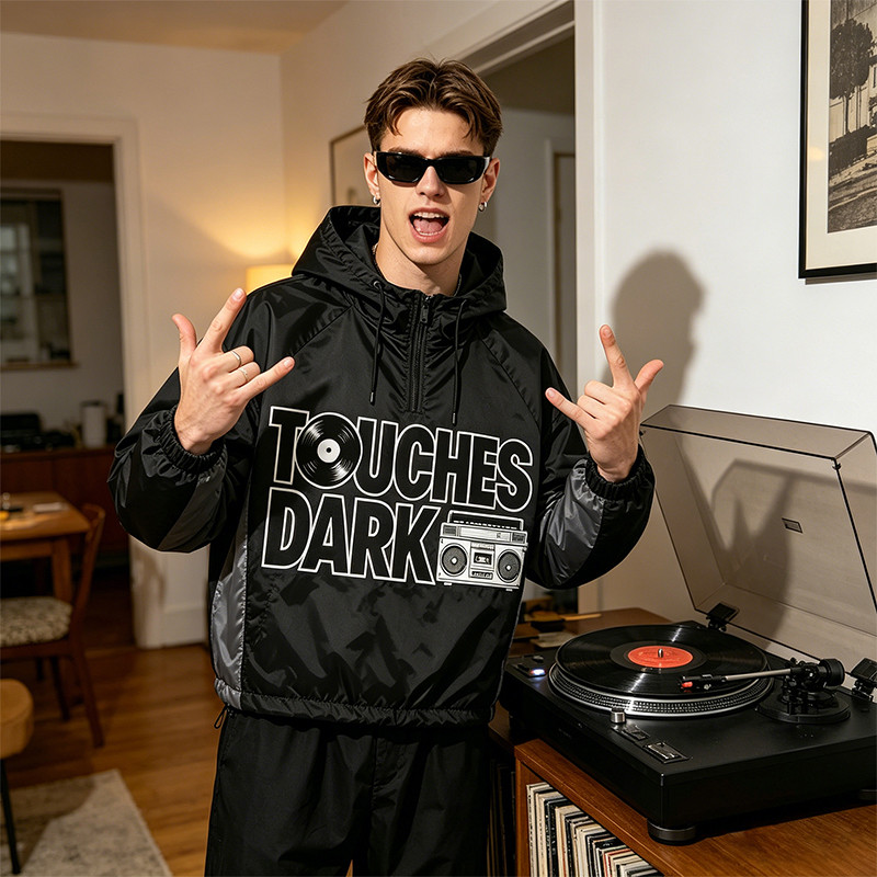 Patchwork Applique Vinyl Boombox Letter Graphic Hooded Jacket
