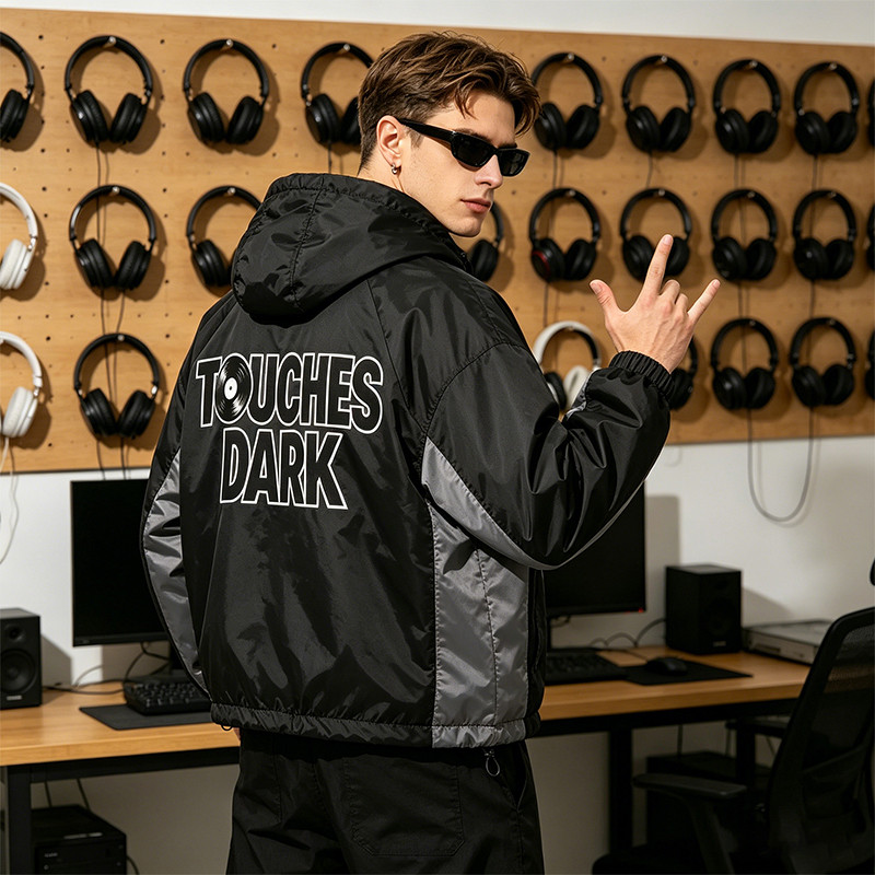 Patchwork Applique Vinyl Boombox Letter Graphic Hooded Jacket
