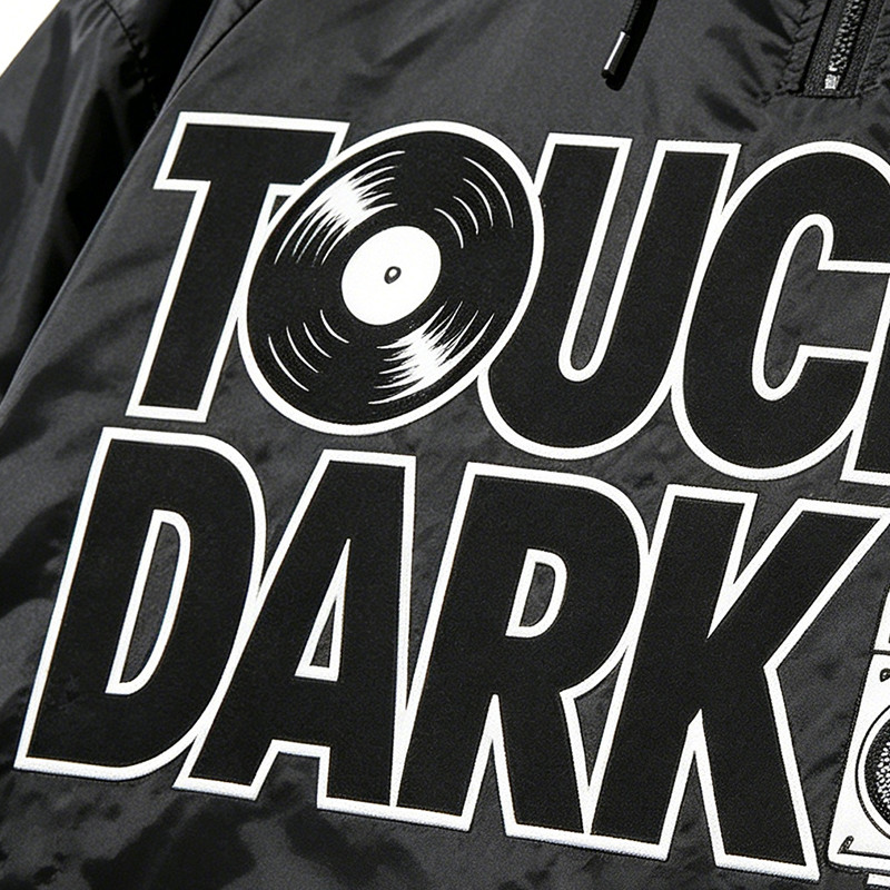 Patchwork Applique Vinyl Boombox Letter Graphic Hooded Jacket