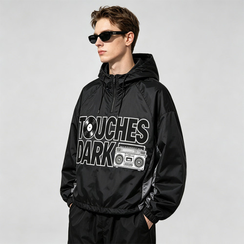 Patchwork Applique Vinyl Boombox Letter Graphic Hooded Jacket | Two-Tone Raglan Street Outerwear | Clothing Manufacturer