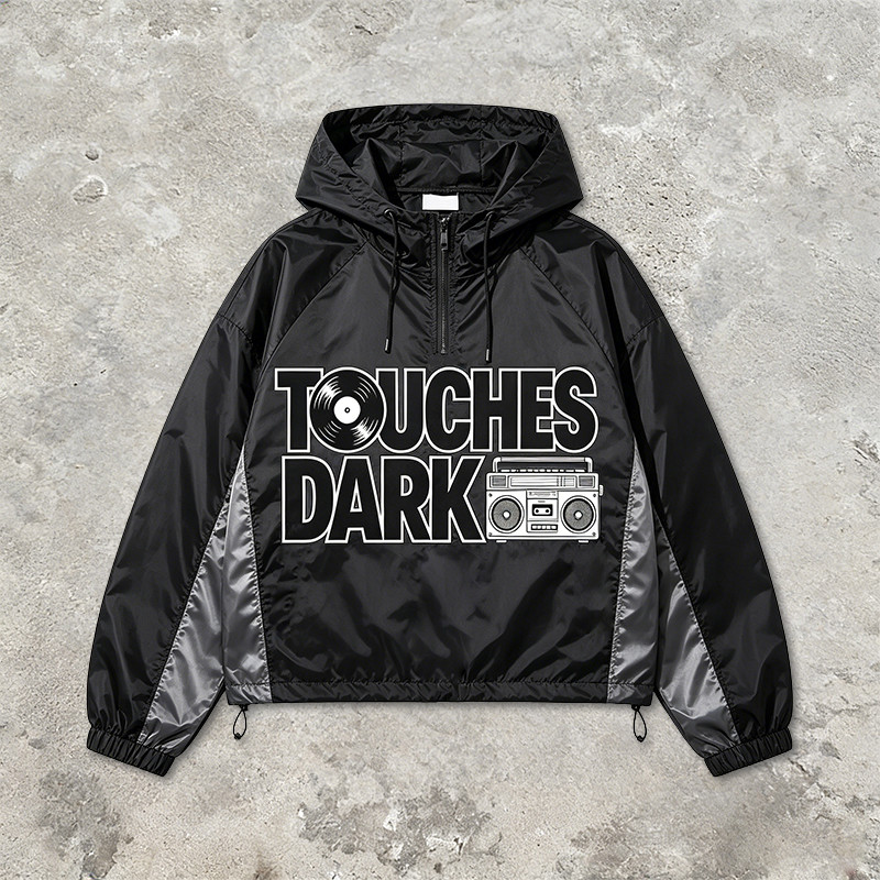 Patchwork Applique Vinyl Boombox Letter Graphic Hooded Jacket