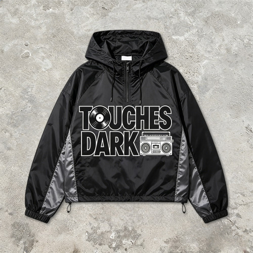 Patchwork Applique Vinyl Boombox Letter Graphic Hooded Jacket | Two-Tone Raglan Street Outerwear | Clothing Manufacturer