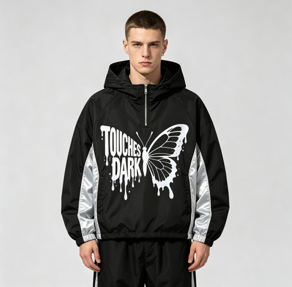 Patchwork Reflective Print Hooded Jacket | Sonic-Wear Butterfly Drip Graphic Jacket | Streetwear Manufacturer