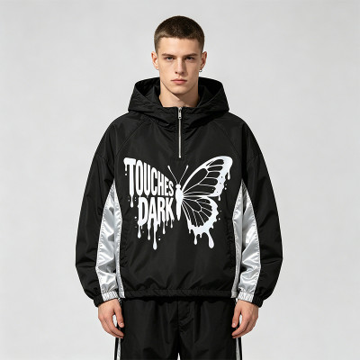 Patchwork Reflective Print Hooded Jacket | Sonic-Wear Butterfly Drip Graphic Jacket | Streetwear Manufacturer