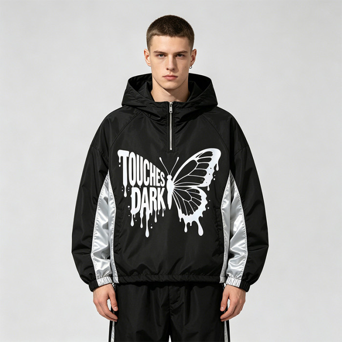 Patchwork Reflective Print Hooded Jacket | Sonic-Wear Butterfly Drip Graphic Jacket | Streetwear Manufacturer