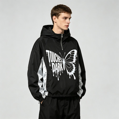 Patchwork Reflective Print Hooded Jacket | Sonic-Wear Butterfly Drip Graphic Jacket | Streetwear Manufacturer