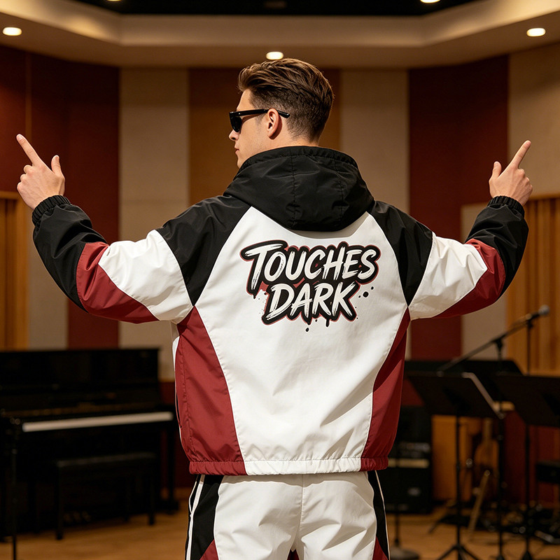 Color Block Patchwork DTG Print Headphone Graphic Hooded Jacket