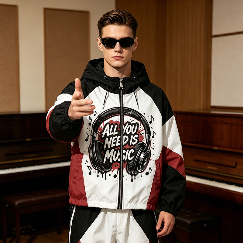 Color Block Patchwork DTG Print Headphone Graphic Hooded Jacket