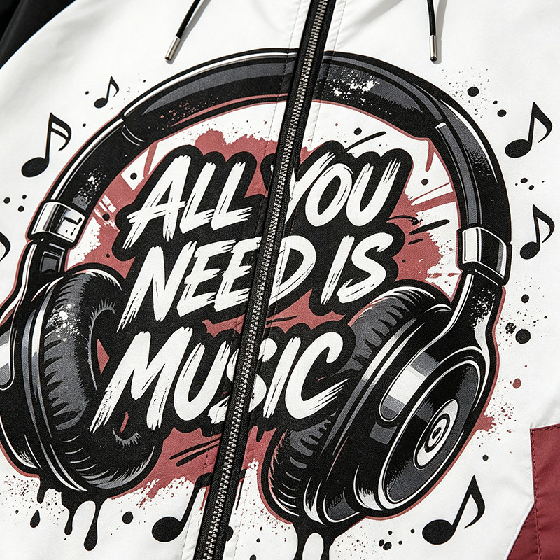 Color Block Patchwork DTG Print Headphone Graphic Hooded Jacket