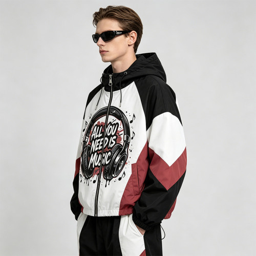 Color Block Patchwork DTG Print Headphone Graphic Hooded Jacket | Sonic-Wear Street Jacket | Custom Streetwear