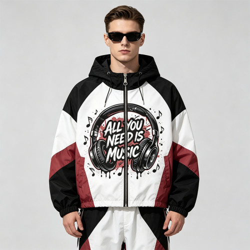 Color Block Patchwork DTG Print Headphone Graphic Hooded Jacket | Sonic-Wear Street Jacket | Custom Streetwear