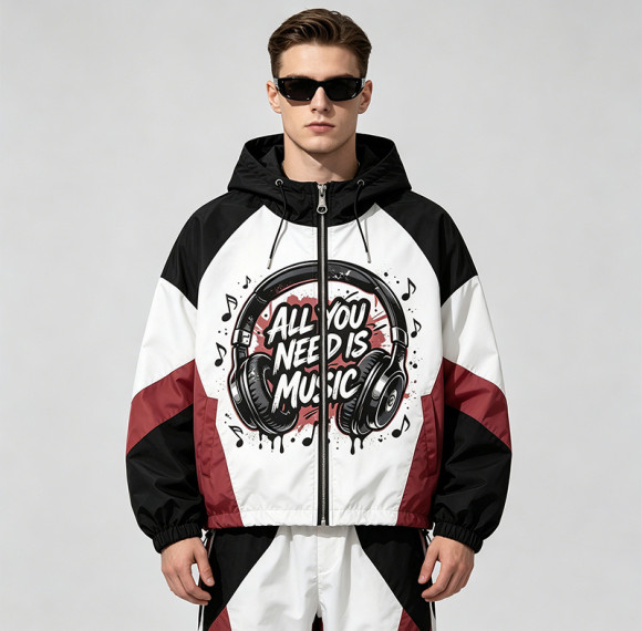 Color Block Patchwork DTG Print Headphone Graphic Hooded Jacket | Sonic-Wear Street Jacket | Custom Streetwear