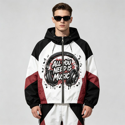 Color Block Patchwork DTG Print Headphone Graphic Hooded Jacket | Sonic-Wear Street Jacket | Custom Streetwear