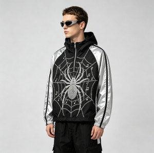 Black Silver Color Block Patchwork Rhinestone Hooded Jacket | Sonic-Wear Spider Graphic Jacket | Streetwear Manufacturer