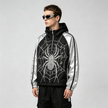 Black Silver Color Block Patchwork Rhinestone Hooded Jacket | Sonic-Wear Spider Graphic Jacket | Streetwear Manufacturer
