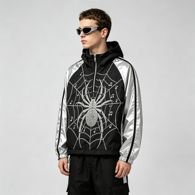 Black Silver Color Block Patchwork Rhinestone Hooded Jacket | Sonic-Wear Spider Graphic Jacket | Streetwear Manufacturer