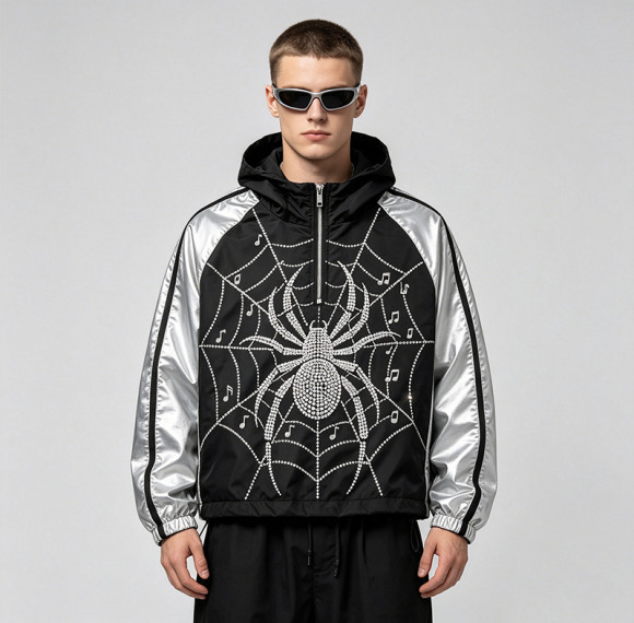 Black Silver Color Block Patchwork Rhinestone Hooded Jacket | Sonic-Wear Spider Graphic Jacket | Streetwear Manufacturer