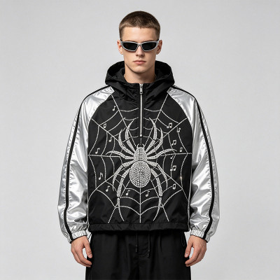 Black Silver Color Block Patchwork Rhinestone Hooded Jacket | Sonic-Wear Spider Graphic Jacket | Streetwear Manufacturer