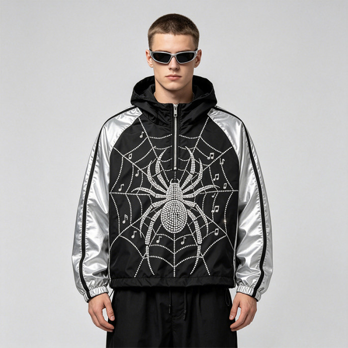 Black Silver Color Block Patchwork Rhinestone Hooded Jacket | Sonic-Wear Spider Graphic Jacket | Streetwear Manufacturer