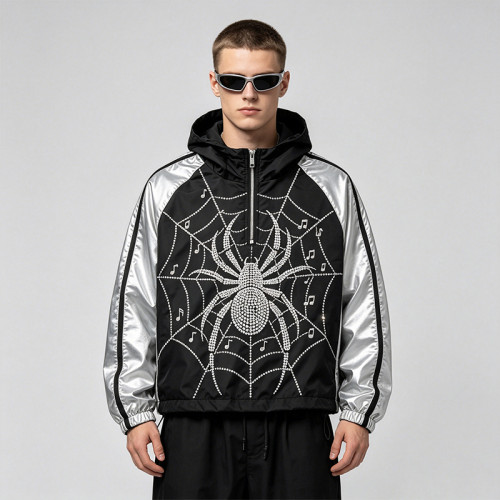 Black Silver Color Block Patchwork Rhinestone Hooded Jacket | Sonic-Wear Spider Graphic Jacket | Streetwear Manufacturer