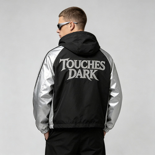 Black Silver Color Block Patchwork Rhinestone Hooded Jacket | Sonic-Wear Spider Graphic Jacket | Streetwear Manufacturer