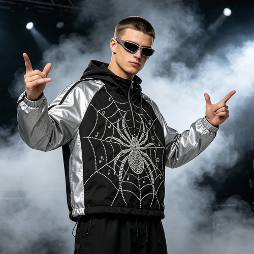 Black Silver Color Block Patchwork Rhinestone Hooded Jacket | Sonic-Wear Spider Graphic Jacket | Streetwear Manufacturer