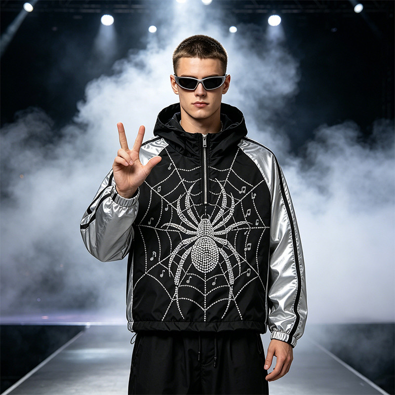 Black Silver Color Block Patchwork Rhinestone Hooded Jacket