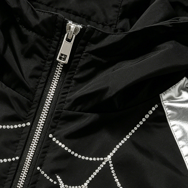 Black Silver Color Block Patchwork Rhinestone Hooded Jacket