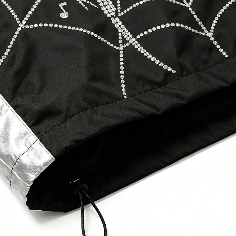 Black Silver Color Block Patchwork Rhinestone Hooded Jacket